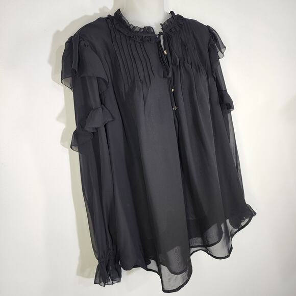 NWT Lane Bryant Womens Split Neck Popover Blouse Black Sheer Ruffle Pleated 18 - Picture 13 of 14